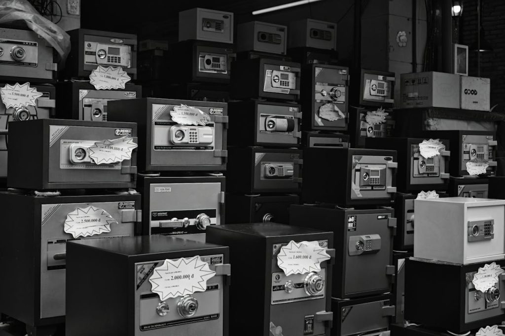 Monochrome photo of stacked safes with price tags in a store setting.